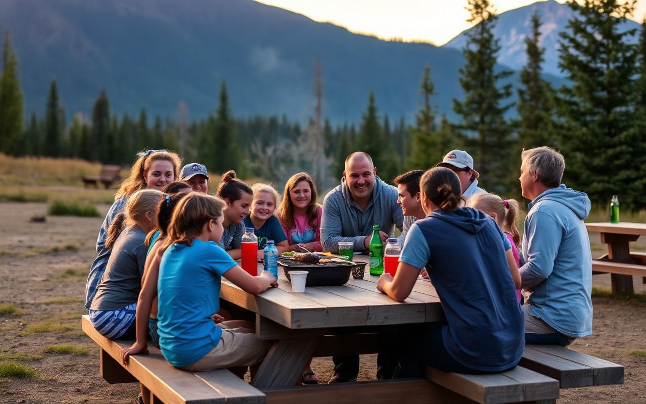 Volunteers and families gathered around a picnic table at sunset
